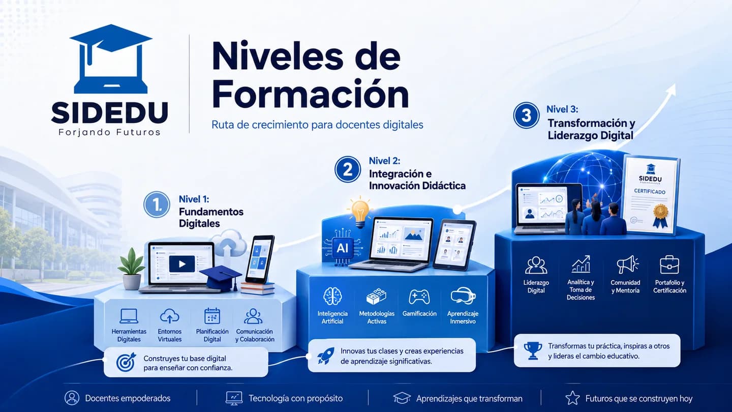 Ruta visual de tres niveles de formación para docentes digitales SIDEDU.