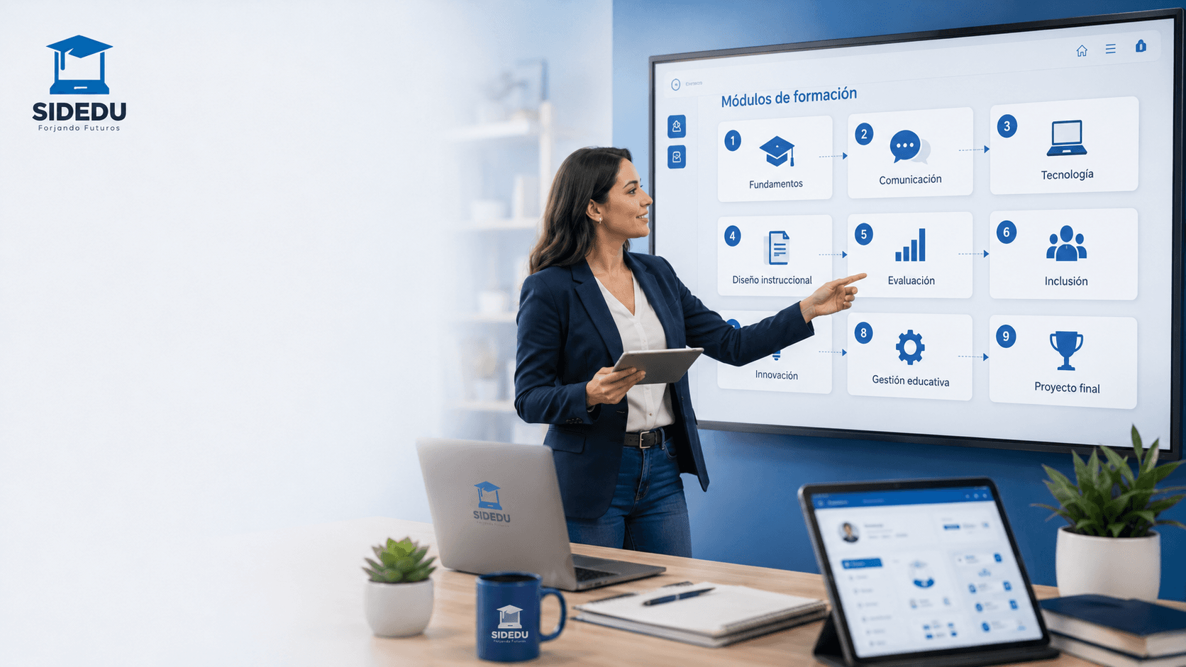 Docente presentando una experiencia de formación digital SIDEDU con recursos tecnológicos