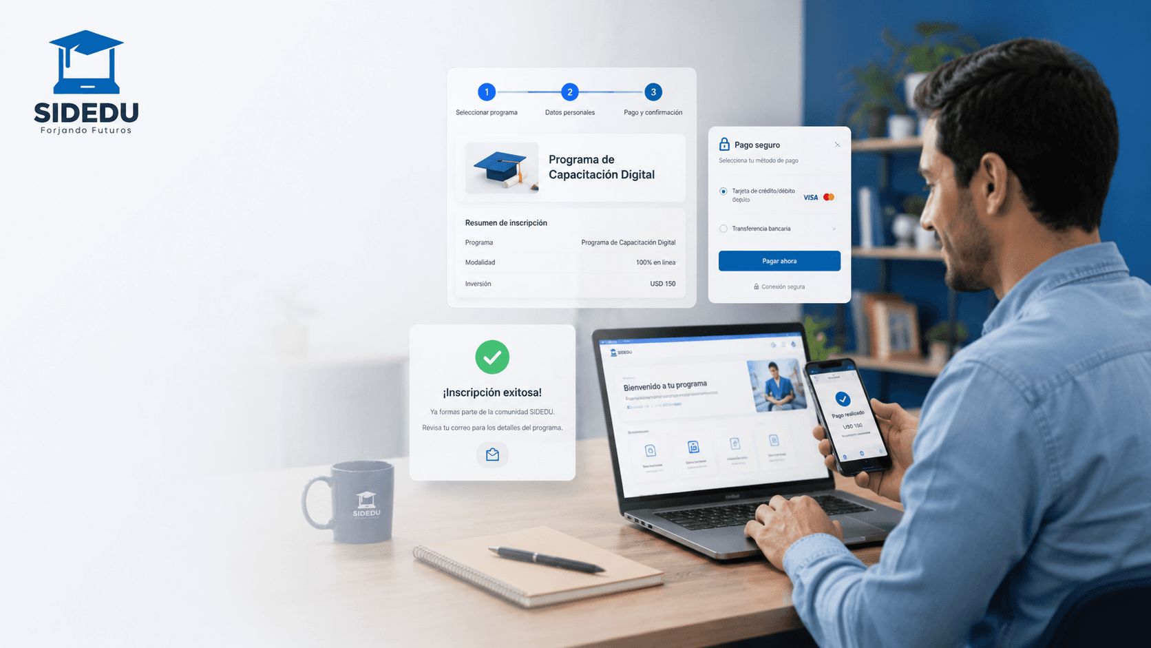 Docente realizando un proceso de inscripción digital y confirmación de acceso en SIDEDU