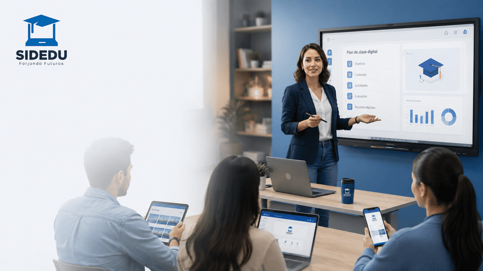 Docente mostrando visualmente los módulos de formación digital SIDEDU